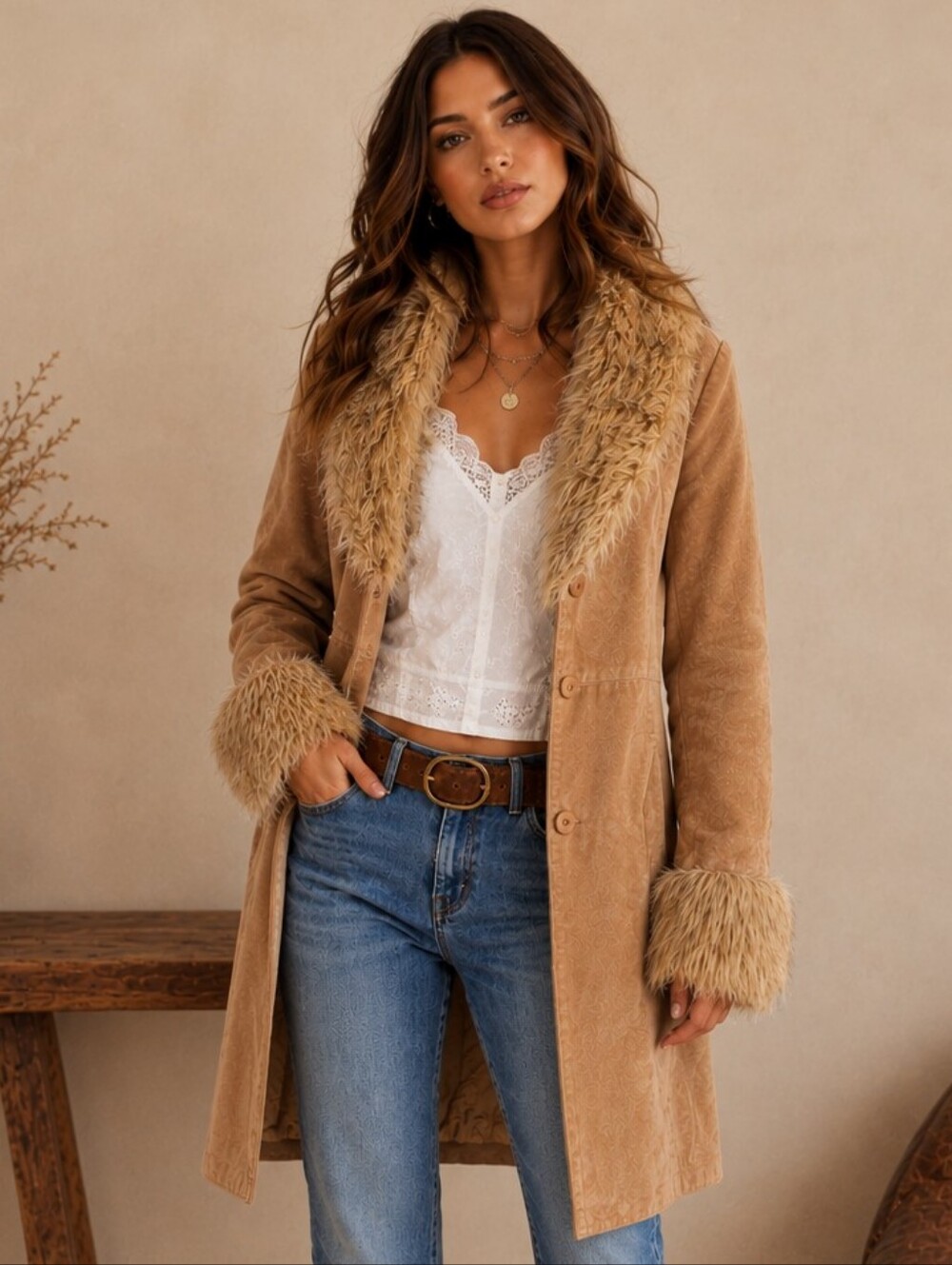 Vintage Y2K Suede Leather Penny Lane Faux Fur Trim Coat Size M Fits S